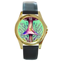 Tiny Witchy Mushroom Round Gold Metal Watch by GardenOfOphir