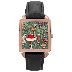 Fairycore Mushroom Forest Rose Gold Leather Watch  by GardenOfOphir