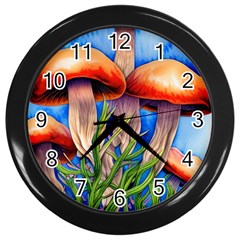 Garden Mushrooms In A Flowery Craft Wall Clock (black) by GardenOfOphir