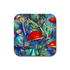 Woodsy Mushroom Forest Foraging Rubber Coaster (square) by GardenOfOphir