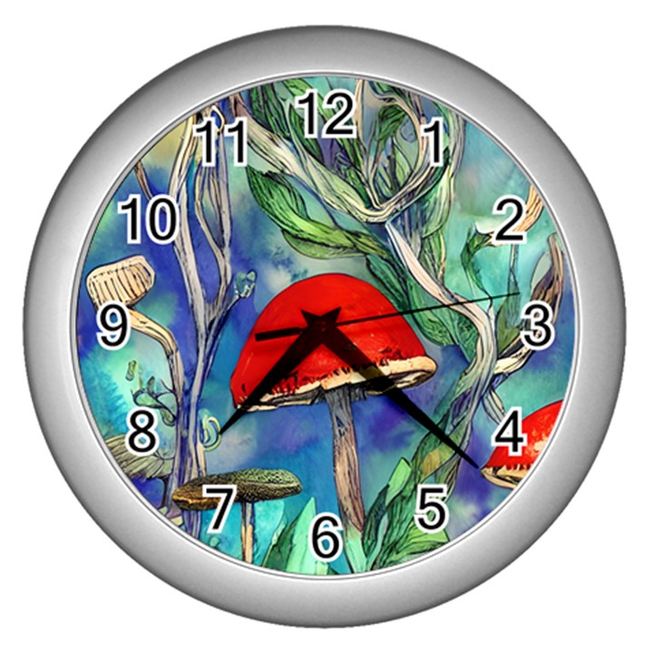 Woodsy Mushroom Forest Foraging Wall Clock (Silver)