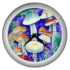 Farmcore Mushroom Foraging In A Forrest Wall Clock (silver) by GardenOfOphir