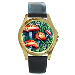 Enchanted Forest Mushroom Round Gold Metal Watch by GardenOfOphir