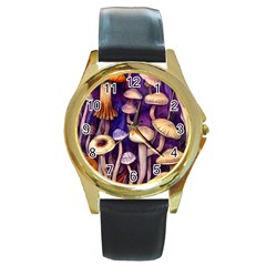 Whimsical Forest Mushroom Round Gold Metal Watch by GardenOfOphir