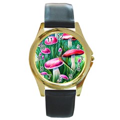 Foreboding Goblincore Mushroom Round Gold Metal Watch by GardenOfOphir