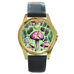 Witchy Forest Mushroom Round Gold Metal Watch by GardenOfOphir