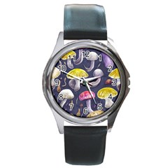 Fantasy Woodland Mushroom Round Metal Watch by GardenOfOphir