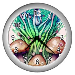 Goblin Core Forest Mushroom Wall Clock (silver) by GardenOfOphir