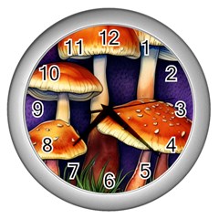 Nature s Woodsy Mushrooms Wall Clock (silver) by GardenOfOphir