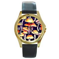 Forestcore Mushroom Round Gold Metal Watch by GardenOfOphir