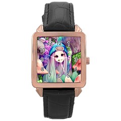 Fantasy Mushrooms Rose Gold Leather Watch  by GardenOfOphir