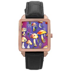 Farmcore Mushrooms Rose Gold Leather Watch  by GardenOfOphir