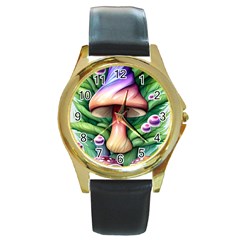 Tiny Mushroom Forest Antique Round Gold Metal Watch by GardenOfOphir