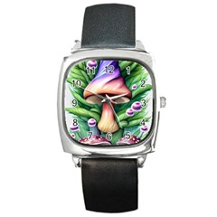 Tiny Mushroom Forest Antique Square Metal Watch by GardenOfOphir