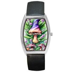 Tiny Mushroom Forest Antique Barrel Style Metal Watch by GardenOfOphir