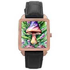 Tiny Mushroom Forest Antique Rose Gold Leather Watch  by GardenOfOphir