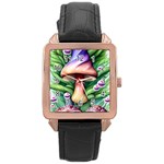 Tiny Mushroom Forest Antique Rose Gold Leather Watch  Front