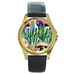 Cozy Mushroom Forest Historical Boho Round Gold Metal Watch by GardenOfOphir