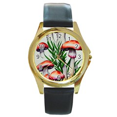 Forest Fungi Round Gold Metal Watch by GardenOfOphir