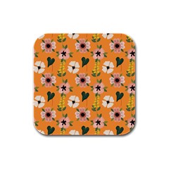 Flower Orange Pattern Floral Rubber Square Coaster (4 Pack) by Dutashop