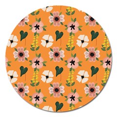 Flower Orange Pattern Floral Magnet 5  (round) by Dutashop