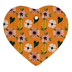 Flower Orange Pattern Floral Heart Ornament (two Sides) by Dutashop