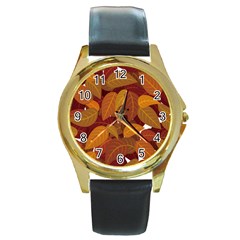 Watercolor Leaves Leaf Orange Round Gold Metal Watch by Jancukart