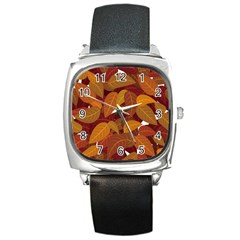 Watercolor Leaves Leaf Orange Square Metal Watch by Jancukart