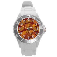 Watercolor Leaves Leaf Orange Round Plastic Sport Watch (l) by Jancukart