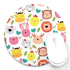 Cute Animals Cartoon Seamless Background Round Mousepad