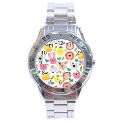 Cute Animals Cartoon Seamless Background Stainless Steel Analogue Watch