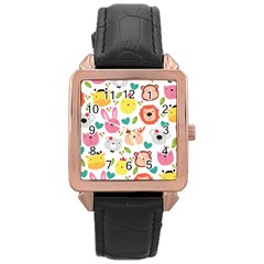 Cute Animals Cartoon Seamless Background Rose Gold Leather Watch  by Jancukart