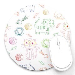 Cats And Food Doodle Seamless Pattern Round Mousepad