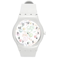 Cats And Food Doodle Seamless Pattern Round Plastic Sport Watch (m) by Jancukart