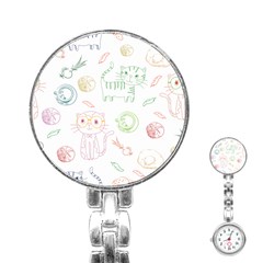 Cats And Food Doodle Seamless Pattern Stainless Steel Nurses Watch