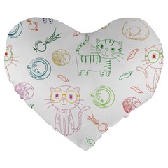 Cats And Food Doodle Seamless Pattern Large 19  Premium Flano Heart Shape Cushions