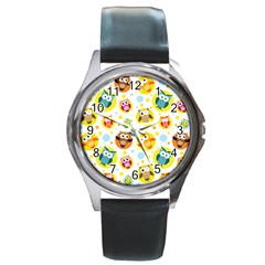 Owl Bird Cartoon Round Metal Watch by Jancukart