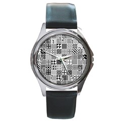 Black And White Geometric Patterns Round Metal Watch by Jancukart