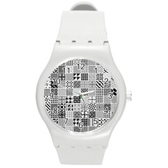 Black And White Geometric Patterns Round Plastic Sport Watch (m)