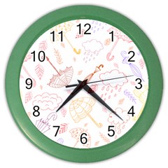 Weather Umbrella Rain Cloud Seamless Doodle Pattern Color Wall Clock