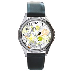 Doodle Flowers Hand Drawing Pattern Round Metal Watch