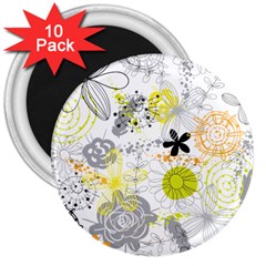 Doodle Flowers Hand Drawing Pattern 3  Magnets (10 Pack) 