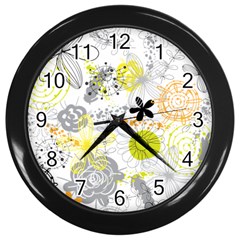 Doodle Flowers Hand Drawing Pattern Wall Clock (black) by Jancukart