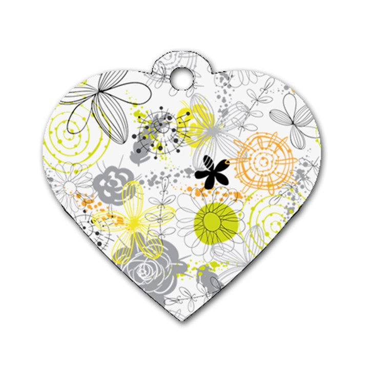 Doodle Flowers Hand Drawing Pattern Dog Tag Heart (One Side)