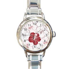 Red Hibiscus Flowers Art Round Italian Charm Watch by Jancukart