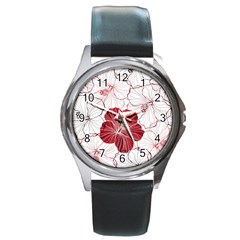 Red Hibiscus Flowers Art Round Metal Watch by Jancukart