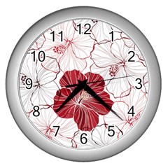 Red Hibiscus Flowers Art Wall Clock (silver)