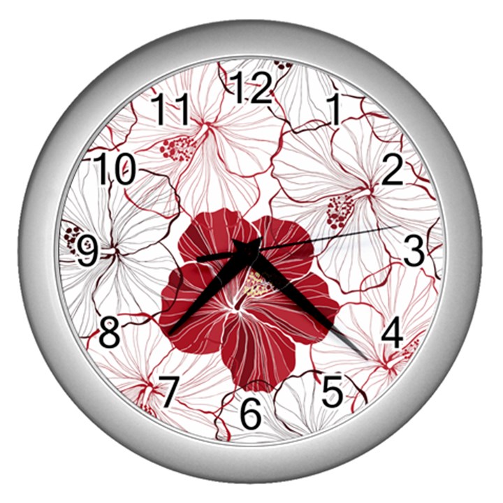 Red Hibiscus Flowers Art Wall Clock (Silver)