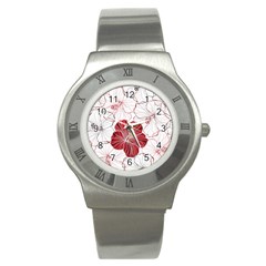 Red Hibiscus Flowers Art Stainless Steel Watch