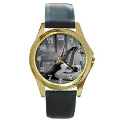 Acoustic Guitar Round Gold Metal Watch by artworkshop